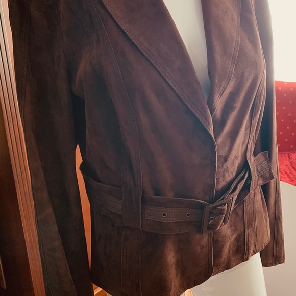 DESA cocoa brown real Suede Leather Blazer jacket suede belt snap closure US L - Picture 6 of 16